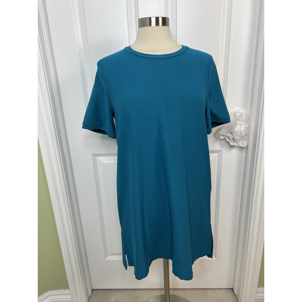 Eileen Fisher Crew Neck Short Sleeve Tunic Top PL Large Teal Green EUC